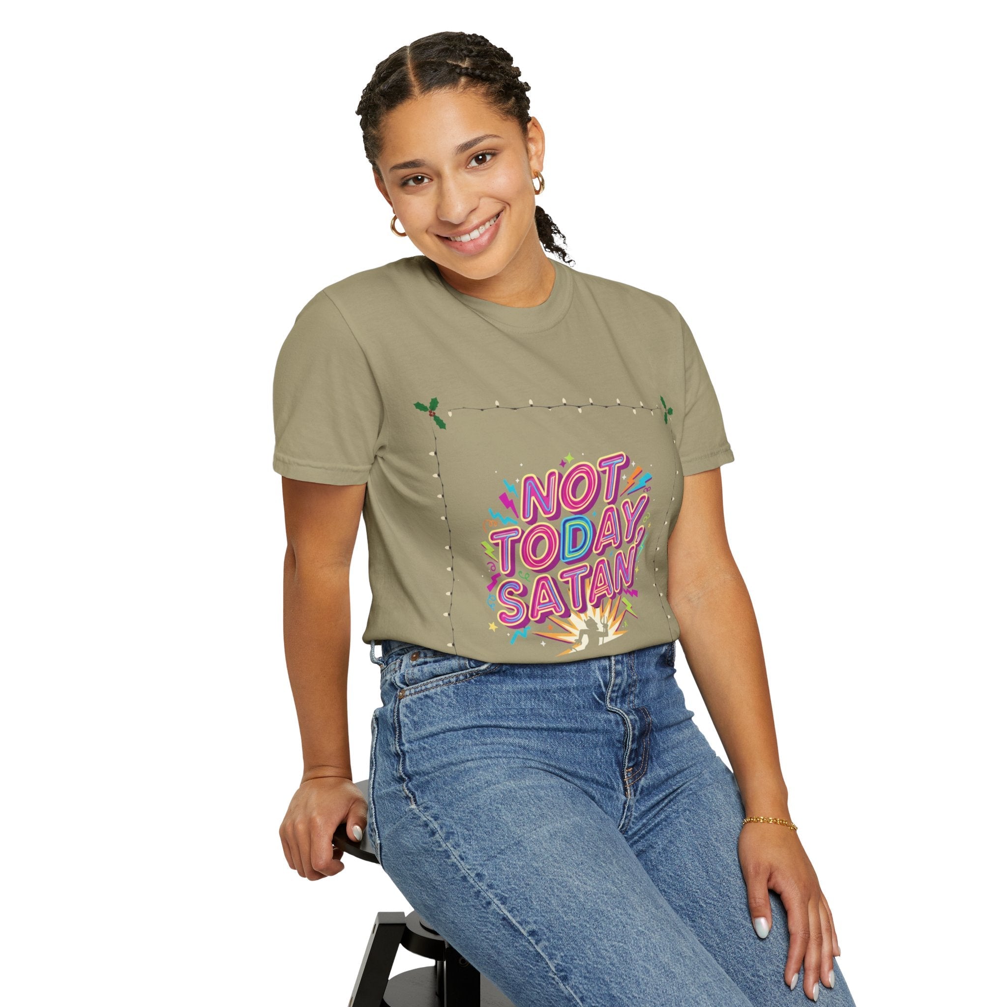 🔥 Not Today, Satan – Retro 90s Christian T-Shirt | Neon Faith Tee | Funky Cartoon Devil | Bold Bible Verse Shirt | Uplifted Gear Printify