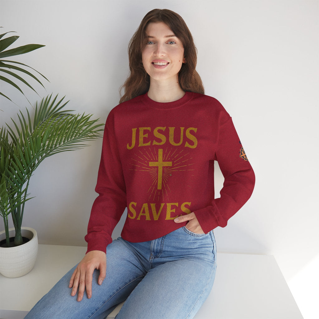 Jesus Saves Sweatshirt – Radiant Cross & Rays of Light Christian Sweatshirt for Eternal Hope & Faith Printify