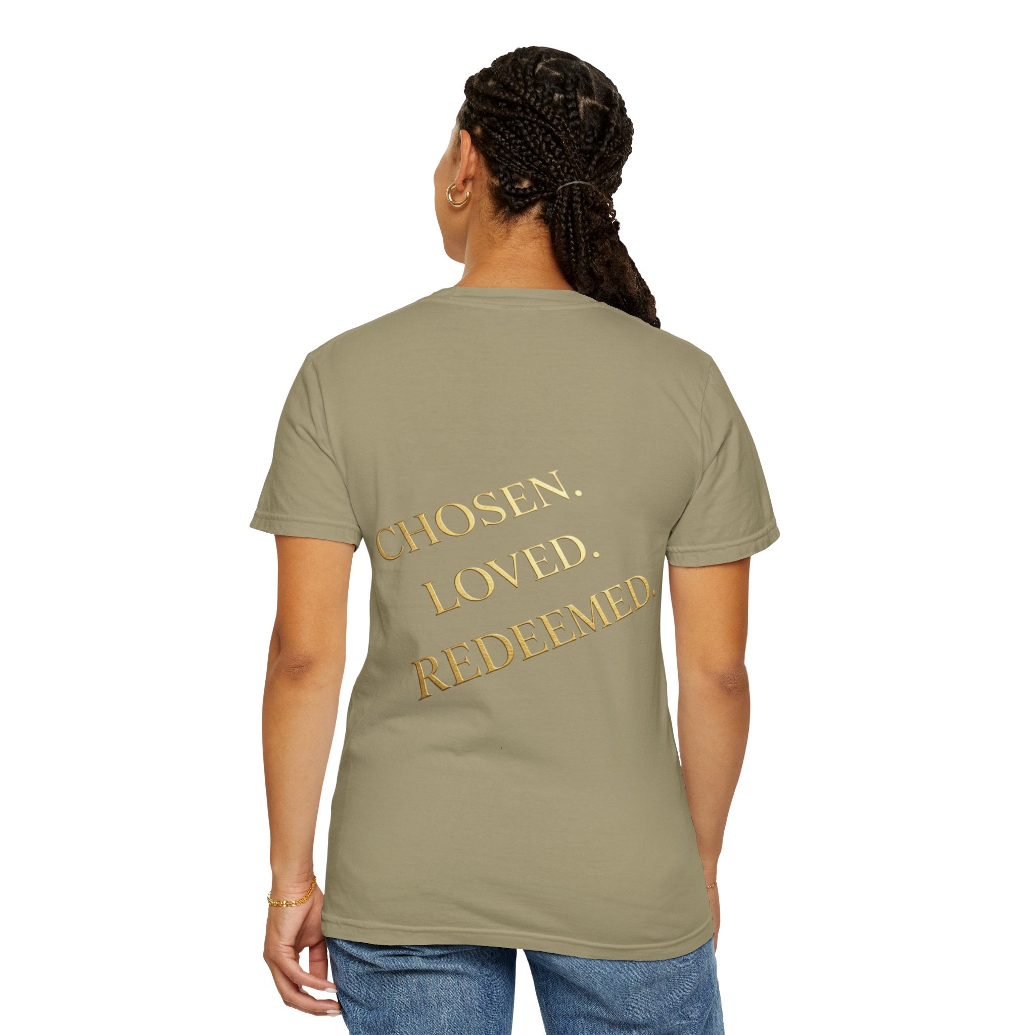 ✨ Chosen. Loved. Redeemed. – Elegant Christian T-Shirt | Gold Foil Faith Tee | Subtle Cross & Heart Design | Inspirational Bible Verse Apparel by Uplifted Gear Printify