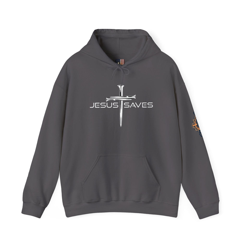 Jesus Saves Hoodie – 3 Nails Crucifix Cross Christian Sweatshirt for Redemption Faith & Bold Salvation Printify