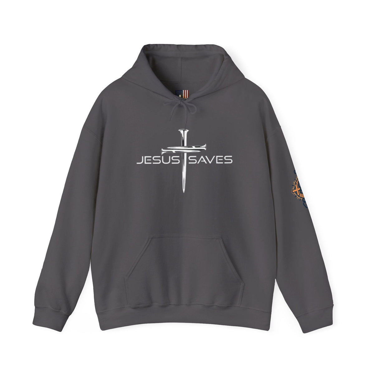 Jesus Saves Hoodie – 3 Nails Crucifix Cross Christian Sweatshirt for Redemption Faith & Bold Salvation Printify