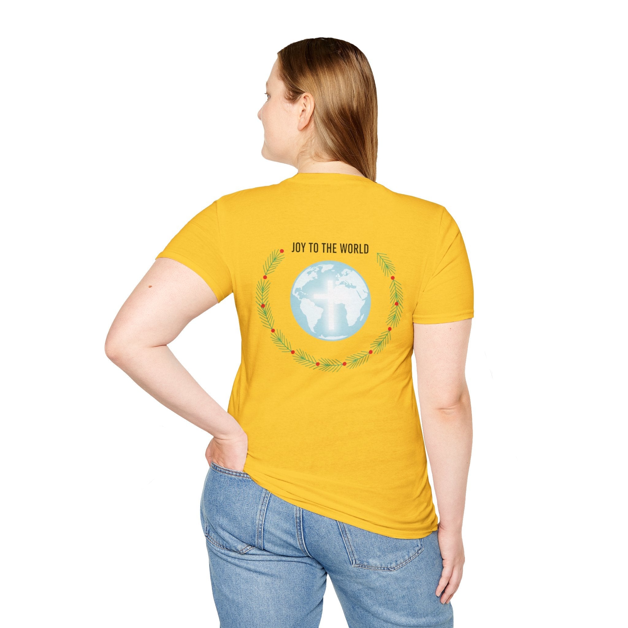 Joy to the World T-shirt – Wreath Earth Nativity Christian Christmas T-shirt for Isaiah 9:6 Holiday Faith & Festive Joy Printify