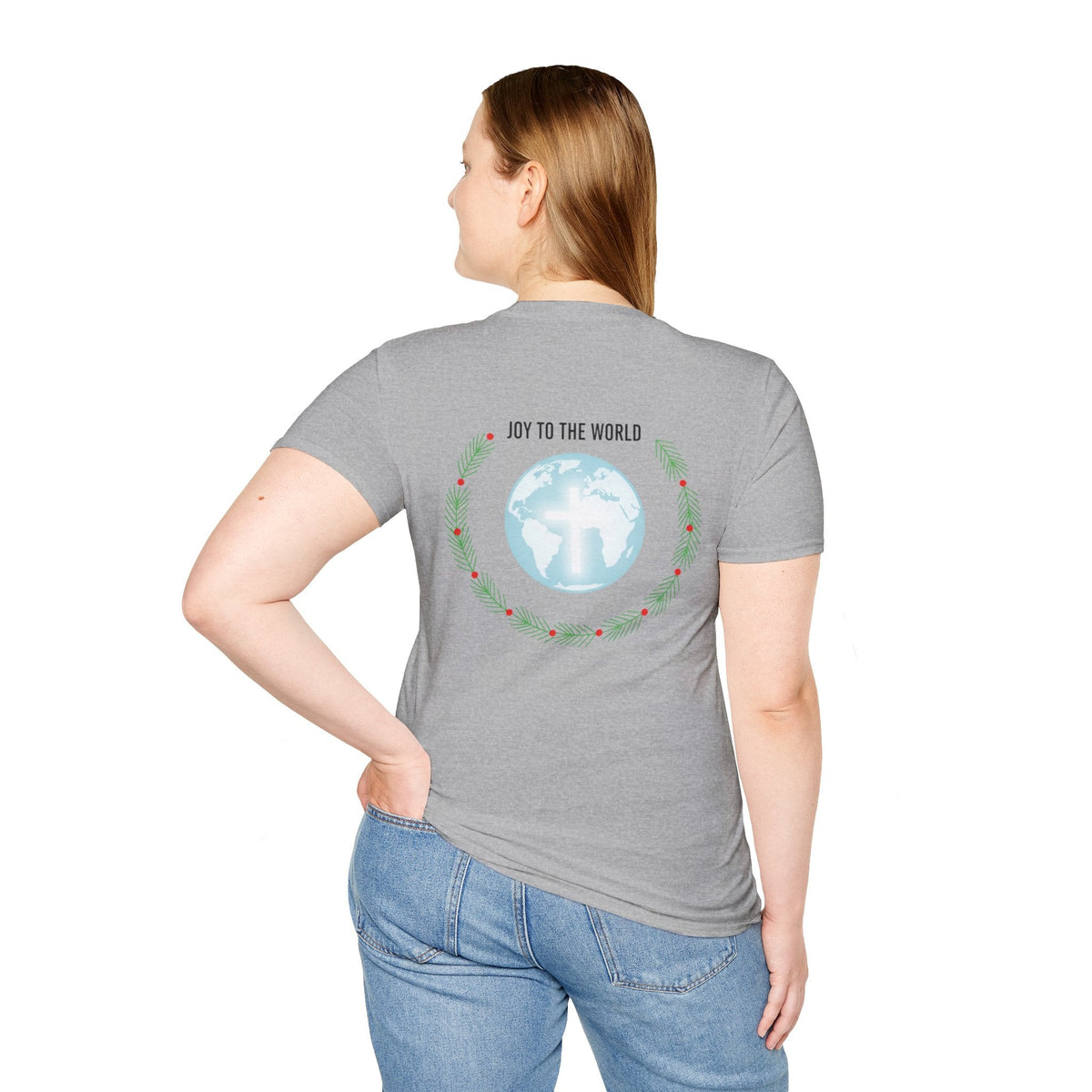 Joy to the World T-shirt – Wreath Earth Nativity Christian Christmas T-shirt for Isaiah 9:6 Holiday Faith & Festive Joy Printify