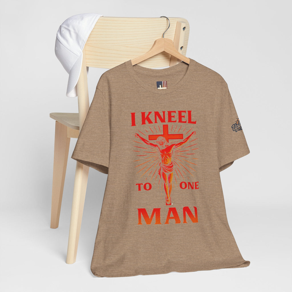 I Kneel to One Man T-shirt – Crucifixion Christian T-shirt for Unashamed Devotion & Bold Faith Printify