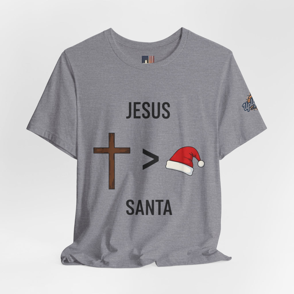 🎄 Jesus > Santa – Minimalist Christian Christmas T-Shirt | Bold Faith Over Holiday Tee | Cross vs Santa Hat Design | Uplifted Gear Printify