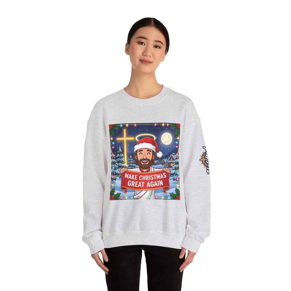 🎄 Make Christmas Great Again – Funny Christian Sweatshirt | Jesus Holding Banner | Faith-Based Holiday Parody Tee | Uplifted Gear Printify