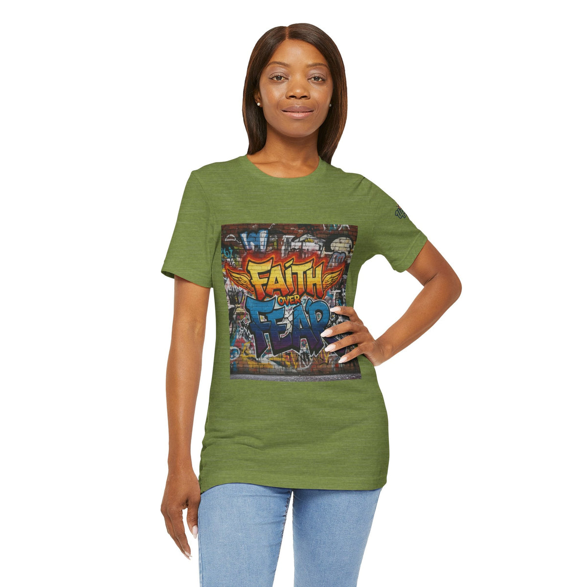 Faith Over Fear T-shirt – Graffiti Wall Christian T-shirt for Bold 2 Corinthians 5:7 Streetwear & Unshakable Faith Printify