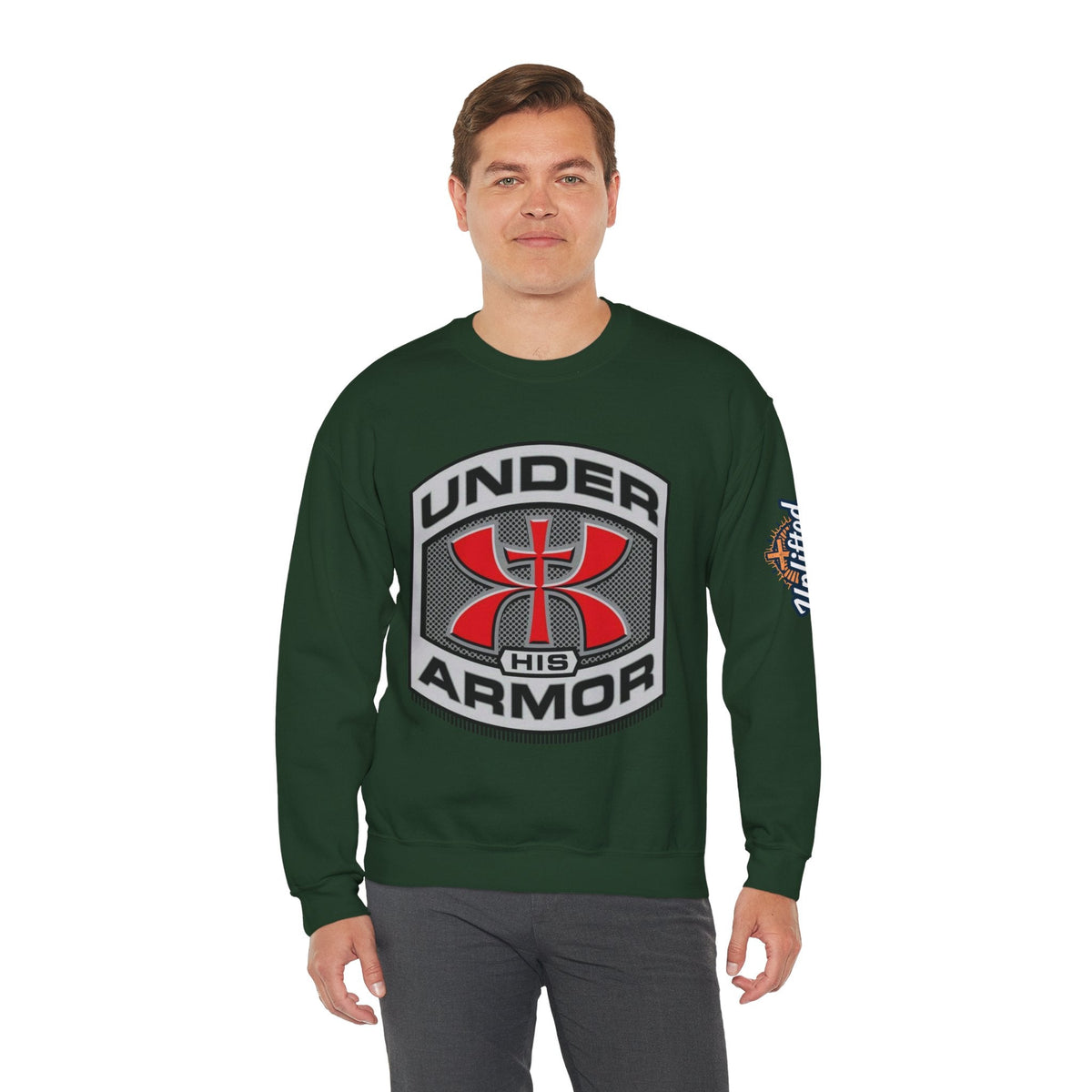 Under His Armor Crewneck Sweatshirt — Christian Faith Graphic Pullover Printify
