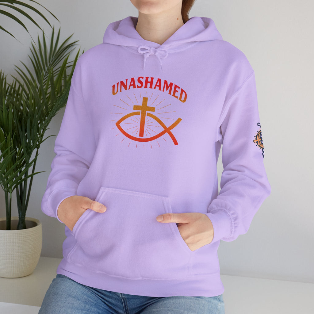 Unashamed Hoodie – Ichthys Jesus Fish & Cross Christian Sweatshirt for Romans 1:16 Bold Faith Printify