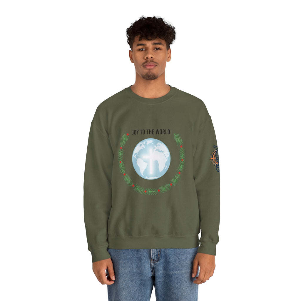 Joy to the World Sweatshirt – Wreath Earth Nativity Christian Christmas Sweatshirt for Isaiah 9:6 Holiday Faith & Festive Joy Printify