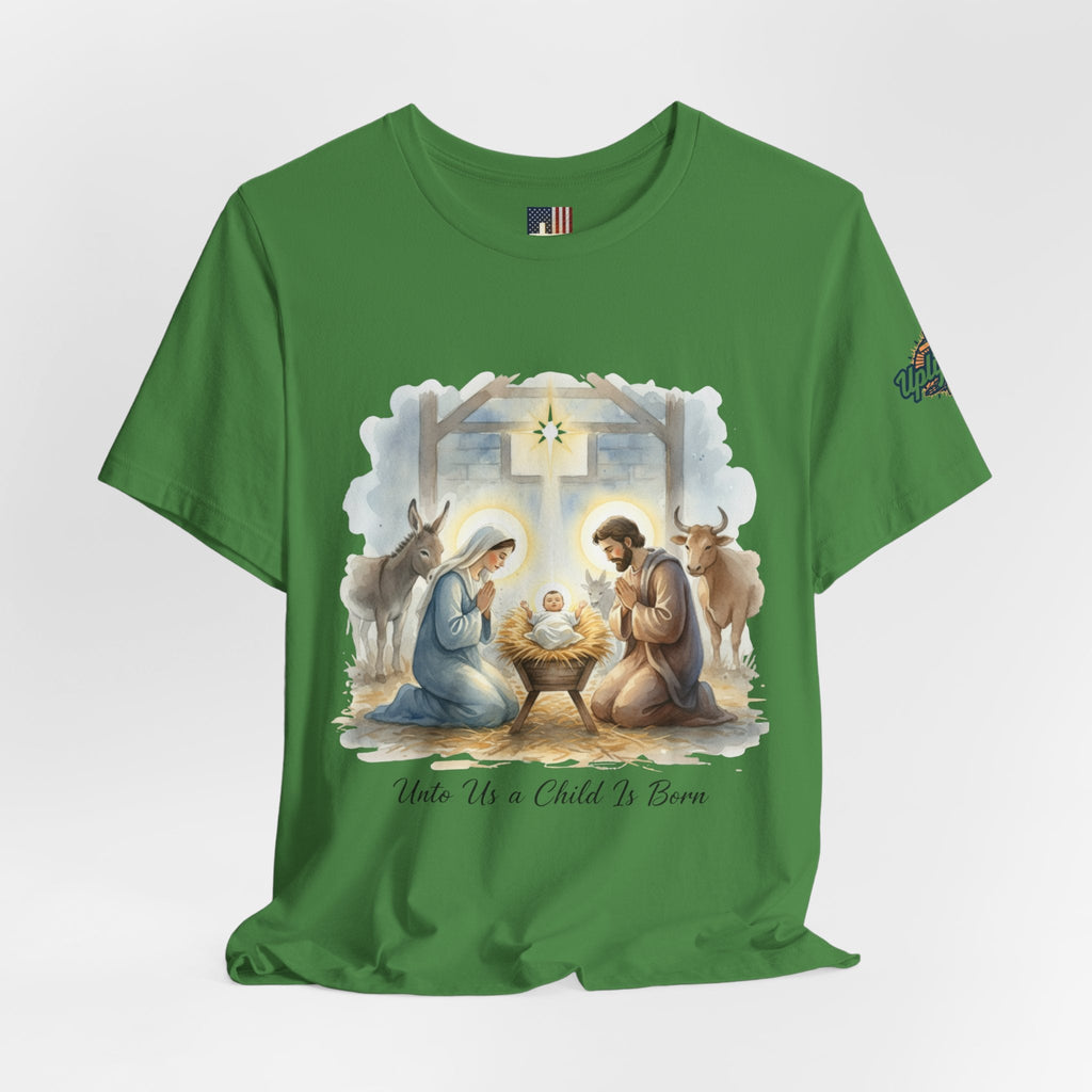Unto Us a Child is Born T-shirt – Isaiah 9:6 Nativity Manger Scene Christian Christmas T-shirt for Holy Night Faith Printify