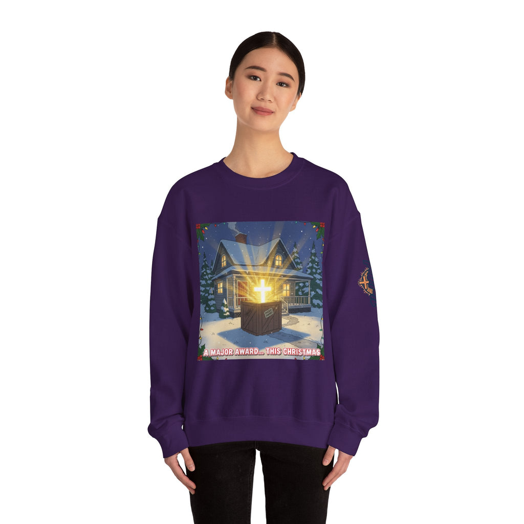A Major Award This Christmas Sweatshirt – Fragile Leg Lamp Parody Cross Unboxing Christian Sweatshirt for Hilarious Faith & Holiday Glow Printify