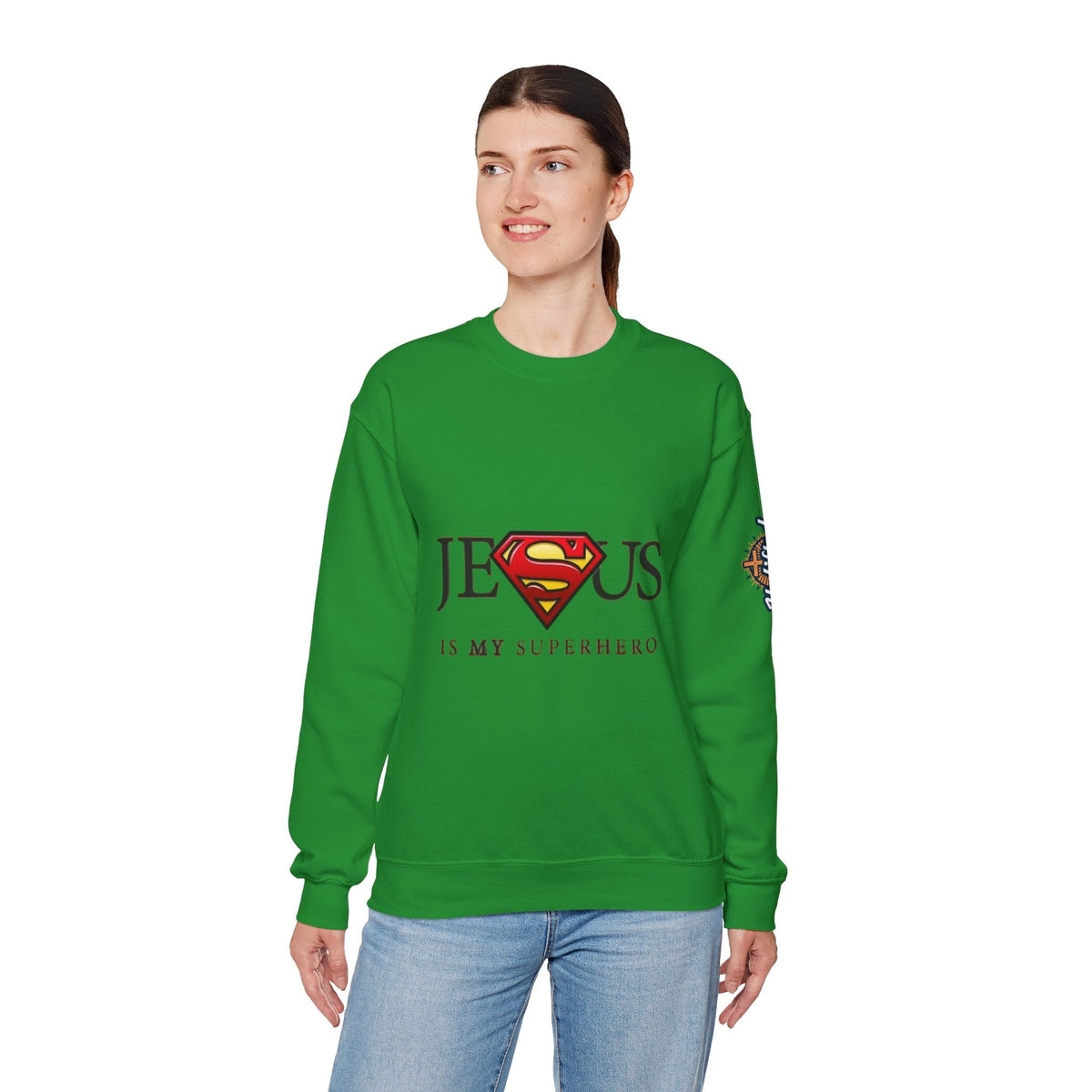 Jesus Is My Superhero Crewneck Sweatshirt Printify