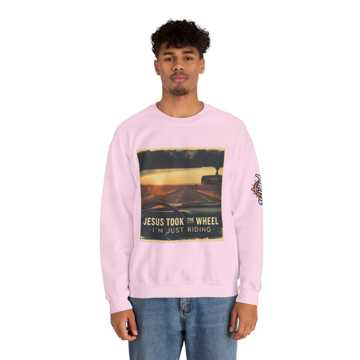 Jesus Took the Wheel I'm Just Riding Sweatshirt – Funny Christian Convertible Car Sweatshirt for Surrendered Faith & Humor