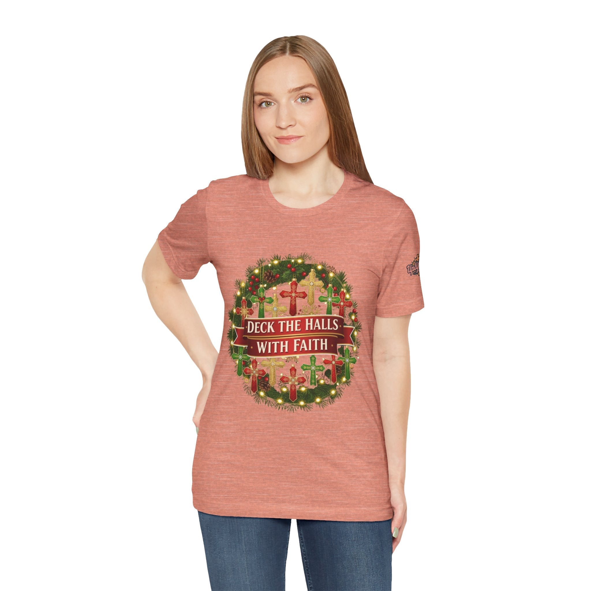 🎄 Deck the Halls with Faith – Christian Christmas T-Shirt | Cross Ornament Design & Festive Garland | Bold Holiday Faith Tee by Uplifted Gear Printify