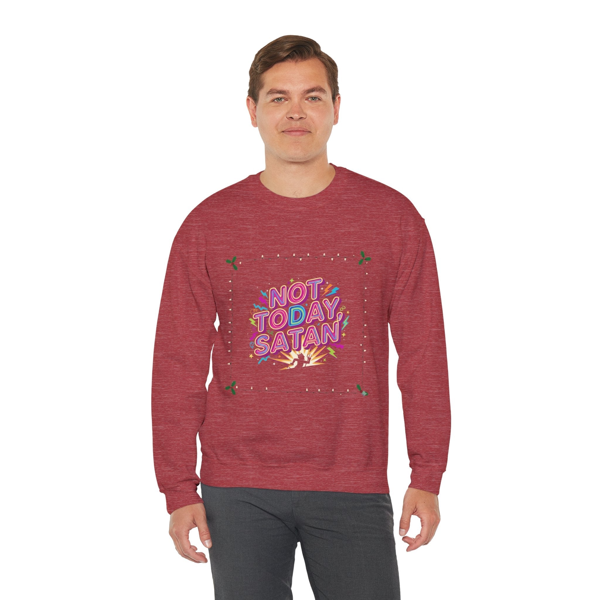 🔥 Not Today, Satan – Retro 90s Christian Sweatshirt | Neon Faith Tee | Funky Cartoon Devil | Bold Bible Verse Shirt | Uplifted Gear Printify
