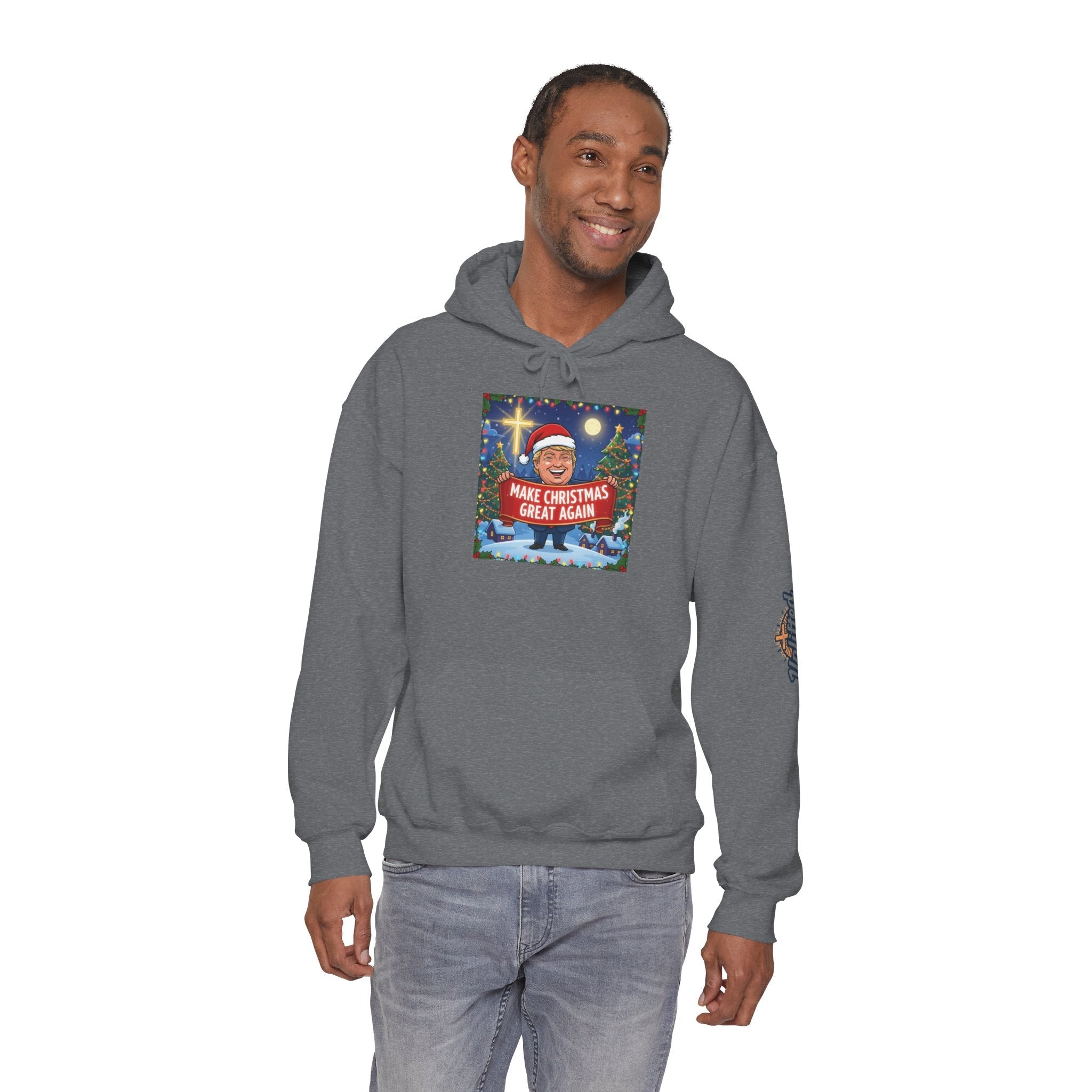 🎄 Make Christmas Great Again – Patriotic Christian Christmas Hoodie | Bold Holiday Faith Tee | Red & White Banner Design | Uplifted Gear Printify