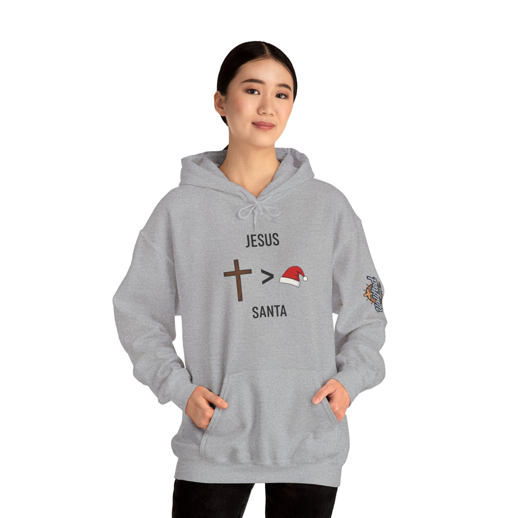 🎄 Jesus > Santa – Minimalist Christian Christmas Hoodie | Bold Faith Over Holiday Tee | Cross vs Santa Hat Design | Uplifted Gear Printify