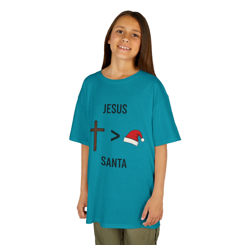 🎄 Jesus > Santa – Minimalist Christian Christmas Kids T-Shirt | Bold Faith Over Holiday Tee | Cross vs Santa Hat Design | Uplifted Gear Printify
