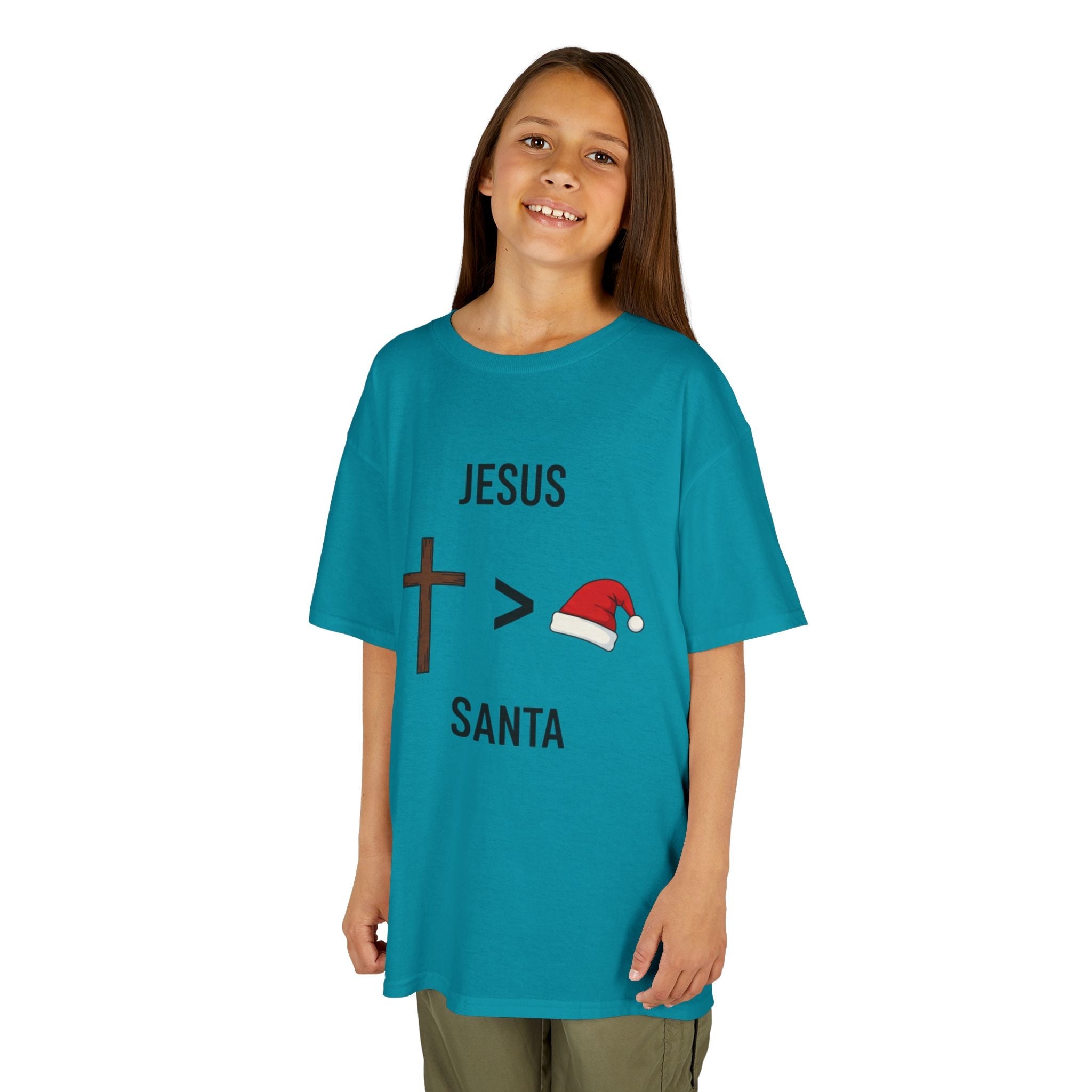 🎄 Jesus > Santa – Minimalist Christian Christmas Kids T-Shirt | Bold Faith Over Holiday Tee | Cross vs Santa Hat Design | Uplifted Gear Printify