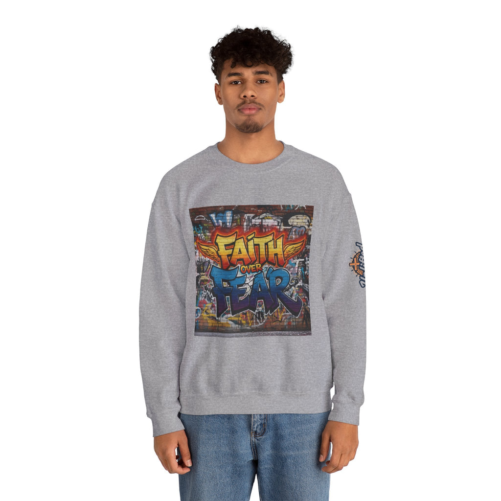 Faith Over Fear Sweatshirt – Graffiti Wall Christian Sweatshirt for Bold 2 Corinthians 5:7 Streetwear & Unshakable Faith Printify
