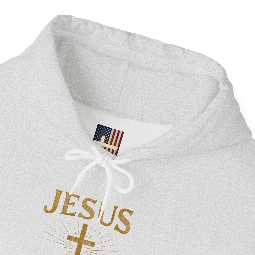 Jesus Saves Hoodie – Radiant Cross & Rays of Light Christian Sweatshirt for Eternal Hope & Faith Printify