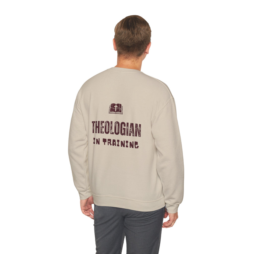 Theologian in Training Sweatshirt – Open Bible & Cross Christian Sweatshirt for Faithful Growth Printify