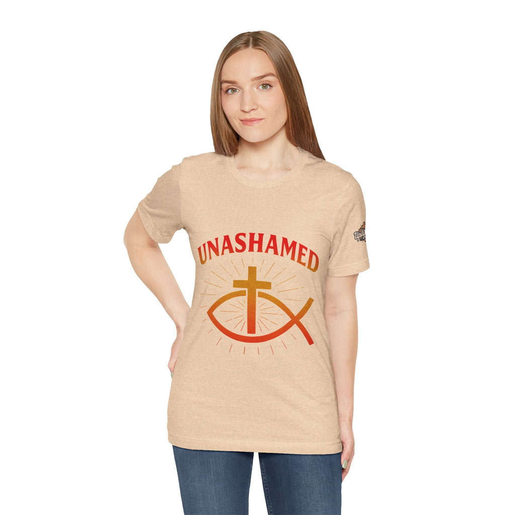 Unashamed T-shirt – Ichthys Jesus Fish & Cross Christian T-shirt for Romans 1:16 Bold Faith Printify