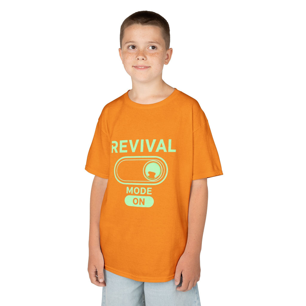 🔥 Revival Mode: ON – Christian Techwear Kids T-Shirt | Glowing Green Faith Switch | Futuristic Jesus Shirt | Activate Your Spiritual Awakening | Uplifted Gear Printify
