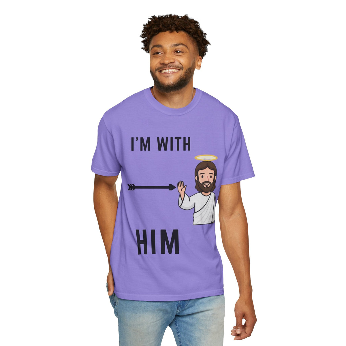 🔥 I’m With Him → Christian T-Shirt | Arrow Pointing to Jesus | Minimalist Faith Tee | Subtle Cross Design | Bible-Inspired Apparel by Uplifted Gear Printify
