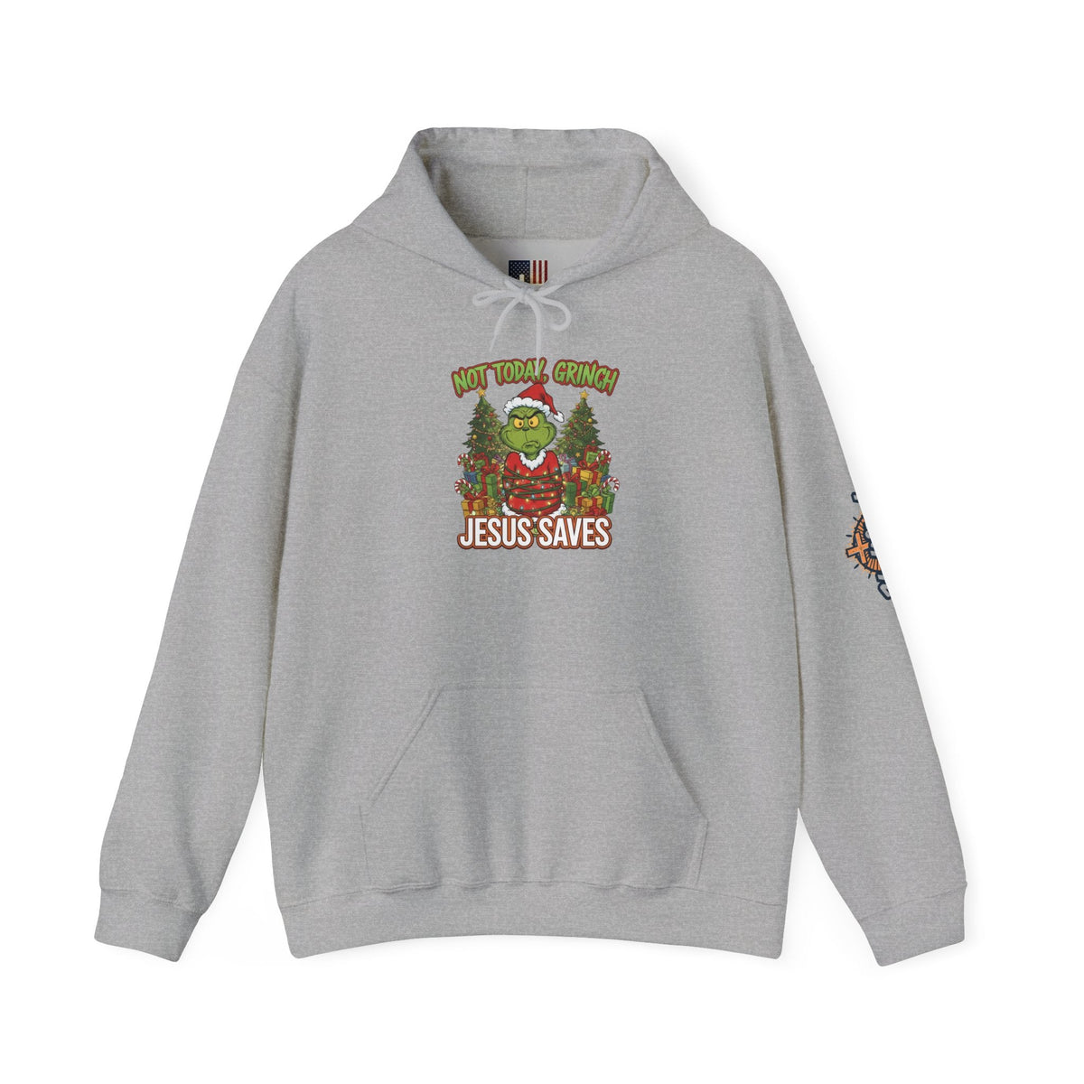 🎄 Not Today, Grinch – Jesus Saves | Funny Christian Christmas Hoodie | Sulking Grinch & Glowing Cross | Bold Neon Faith Tee by Uplifted Gear Printify