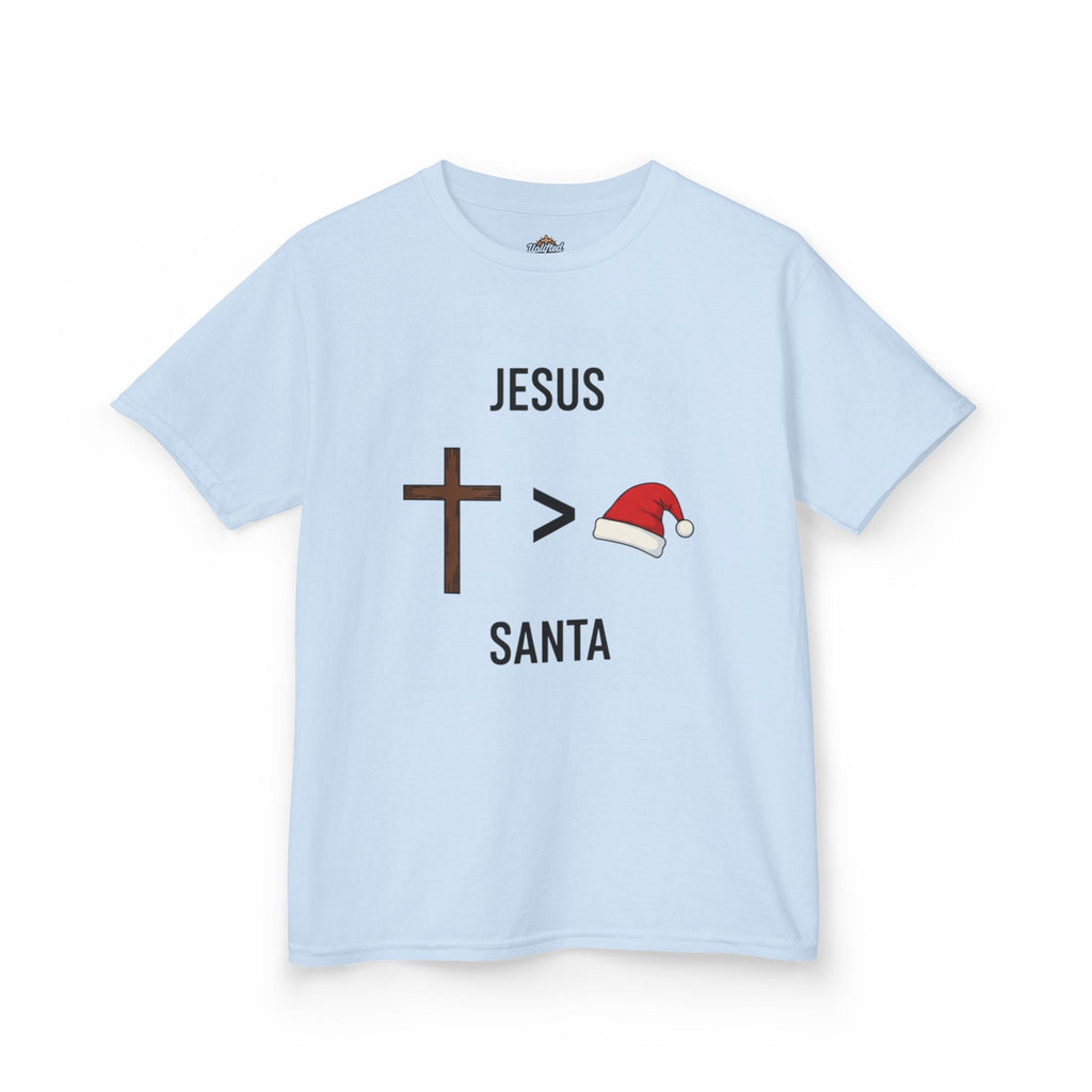 🎄 Jesus > Santa – Minimalist Christian Christmas Kids T-Shirt | Bold Faith Over Holiday Tee | Cross vs Santa Hat Design | Uplifted Gear Printify