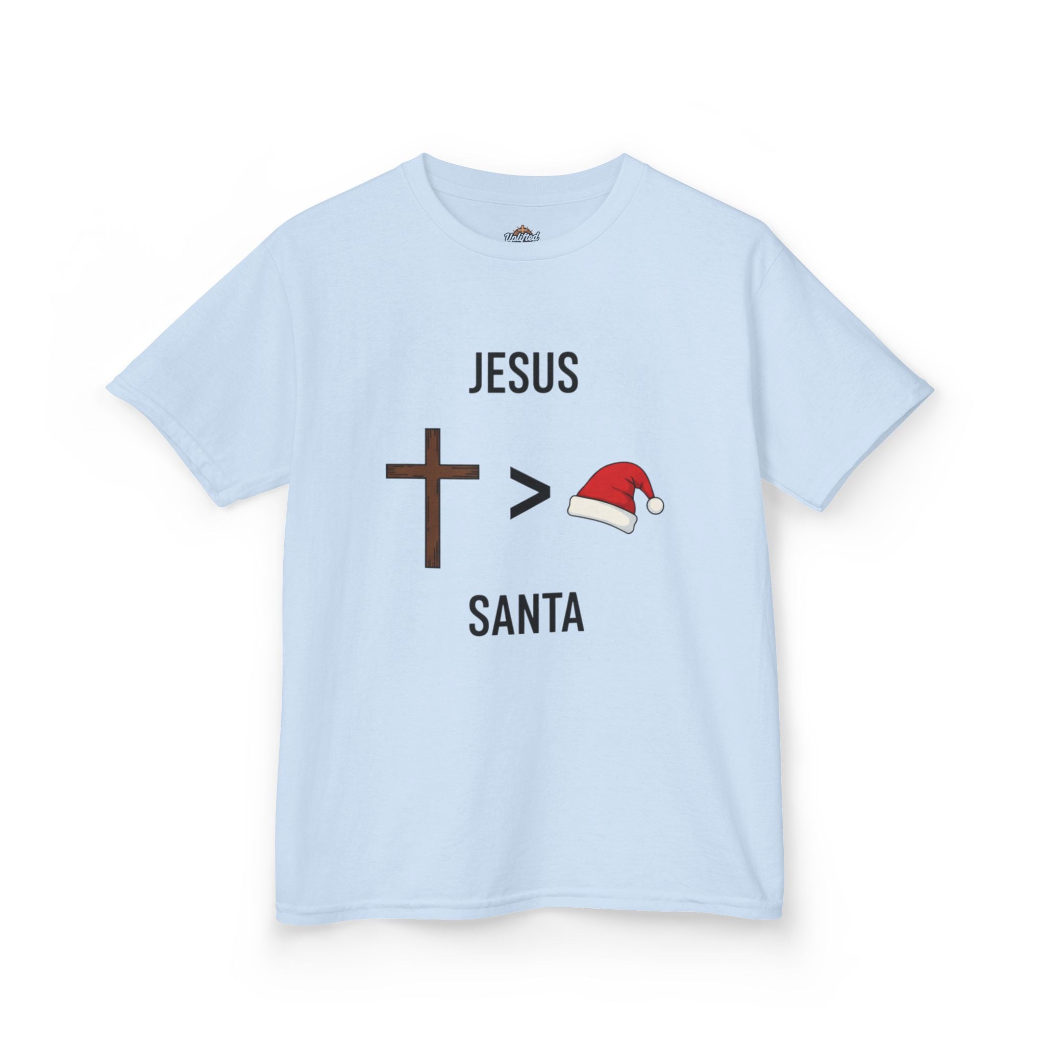 🎄 Jesus > Santa – Minimalist Christian Christmas Kids T-Shirt | Bold Faith Over Holiday Tee | Cross vs Santa Hat Design | Uplifted Gear Printify