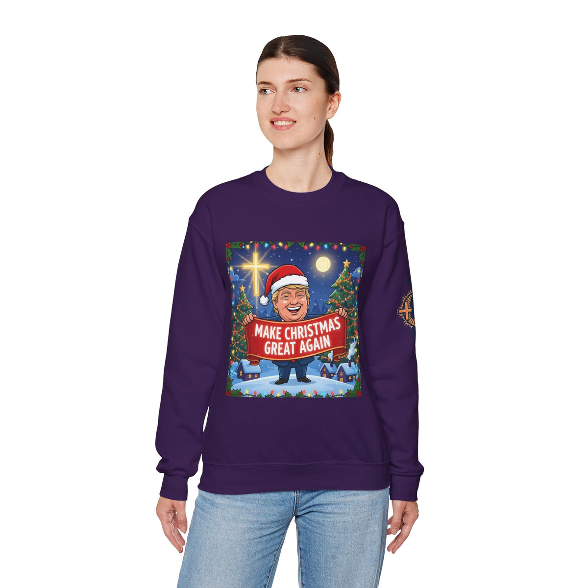 🎄 Make Christmas Great Again – Patriotic Christian Christmas Sweatshirt | Bold Holiday Faith Tee | Red & White Banner Design | Uplifted Gear Printify