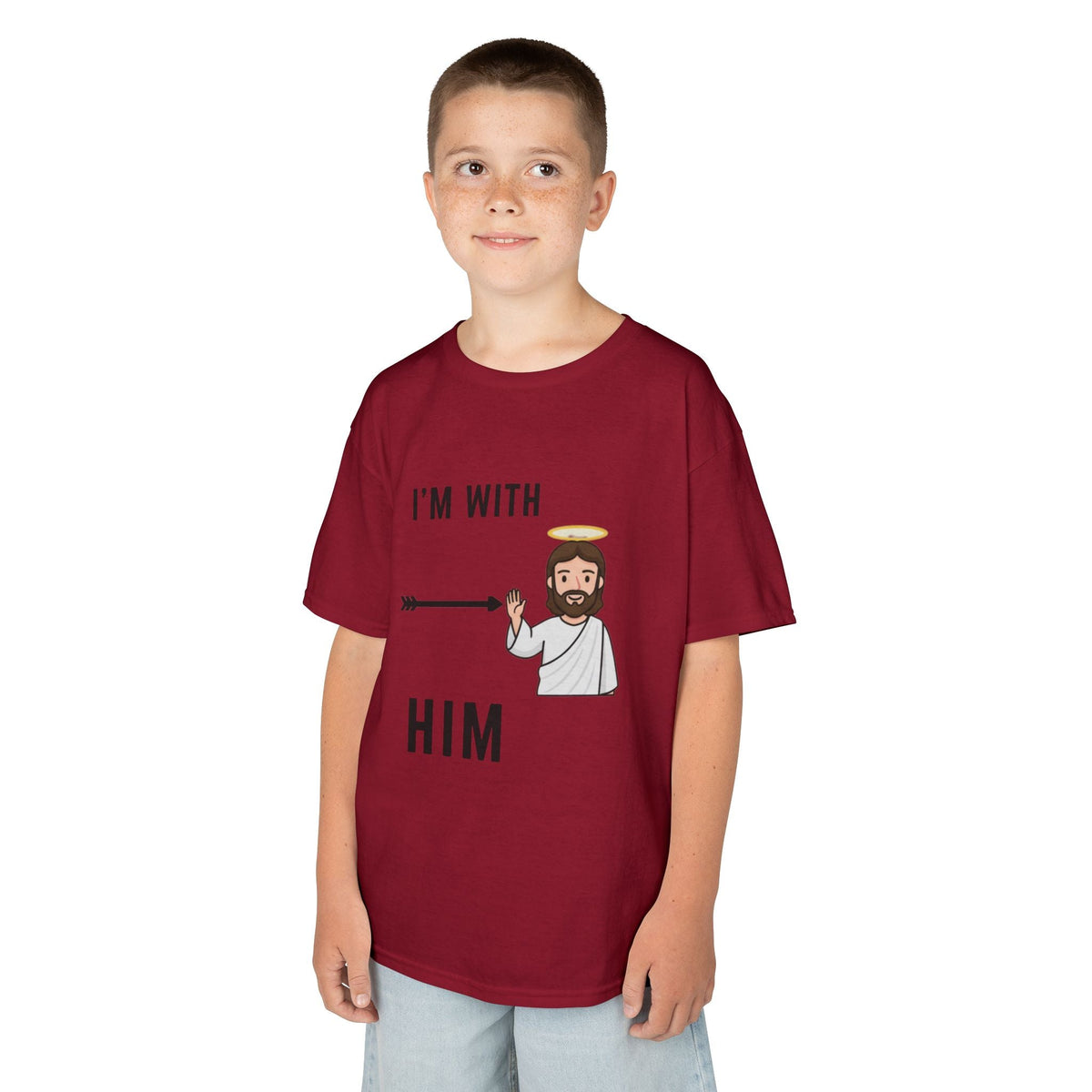 🔥 I’m With Him → Christian Kids T-Shirt | Arrow Pointing to Jesus | Minimalist Faith Tee | Subtle Cross Design | Bible-Inspired Apparel by Uplifted Gear Printify