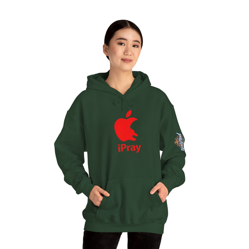 iPray Apple Logo Hoodie — Funny Christian Hoodie (Minimal Red Apple Graphic) Printify