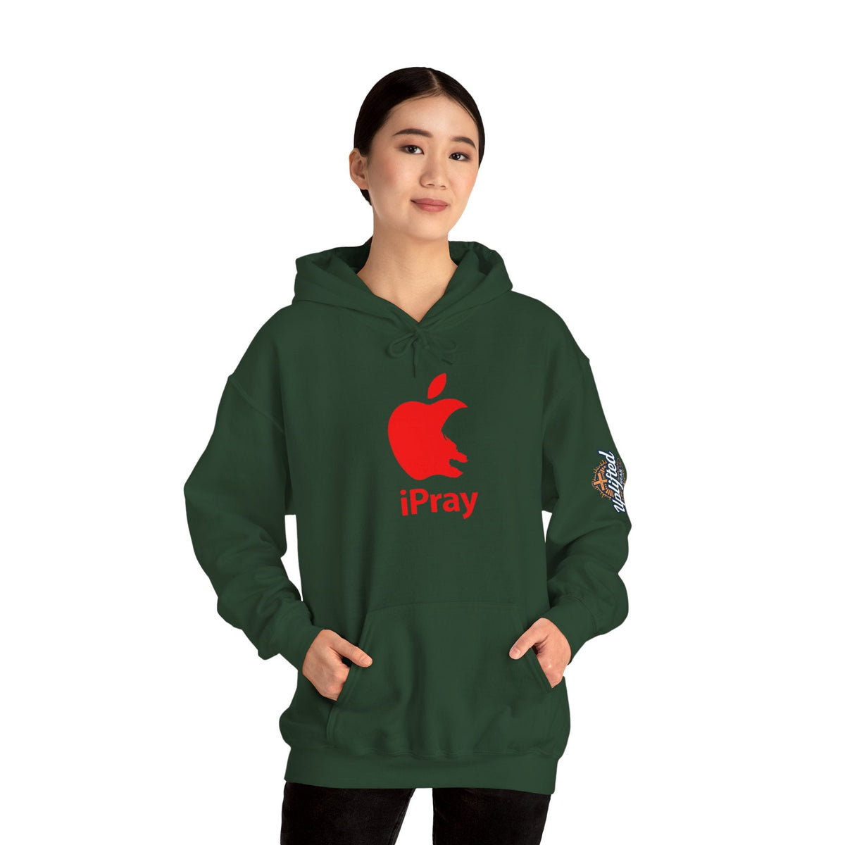 iPray Apple Logo Hoodie — Funny Christian Hoodie (Minimal Red Apple Graphic) Printify