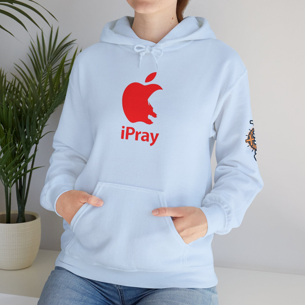 iPray Apple Logo Hoodie — Funny Christian Hoodie (Minimal Red Apple Graphic) Printify