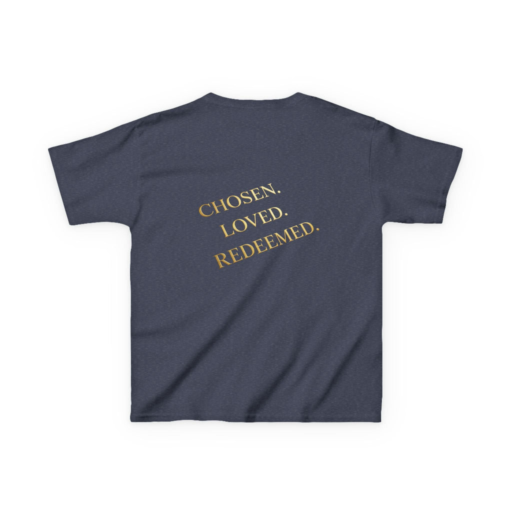 ✨ Chosen. Loved. Redeemed. – Elegant Christian Kids T-Shirt | Gold Foil Faith Tee | Subtle Cross & Heart Design | Inspirational Bible Verse Apparel by Uplifted Gear Printify
