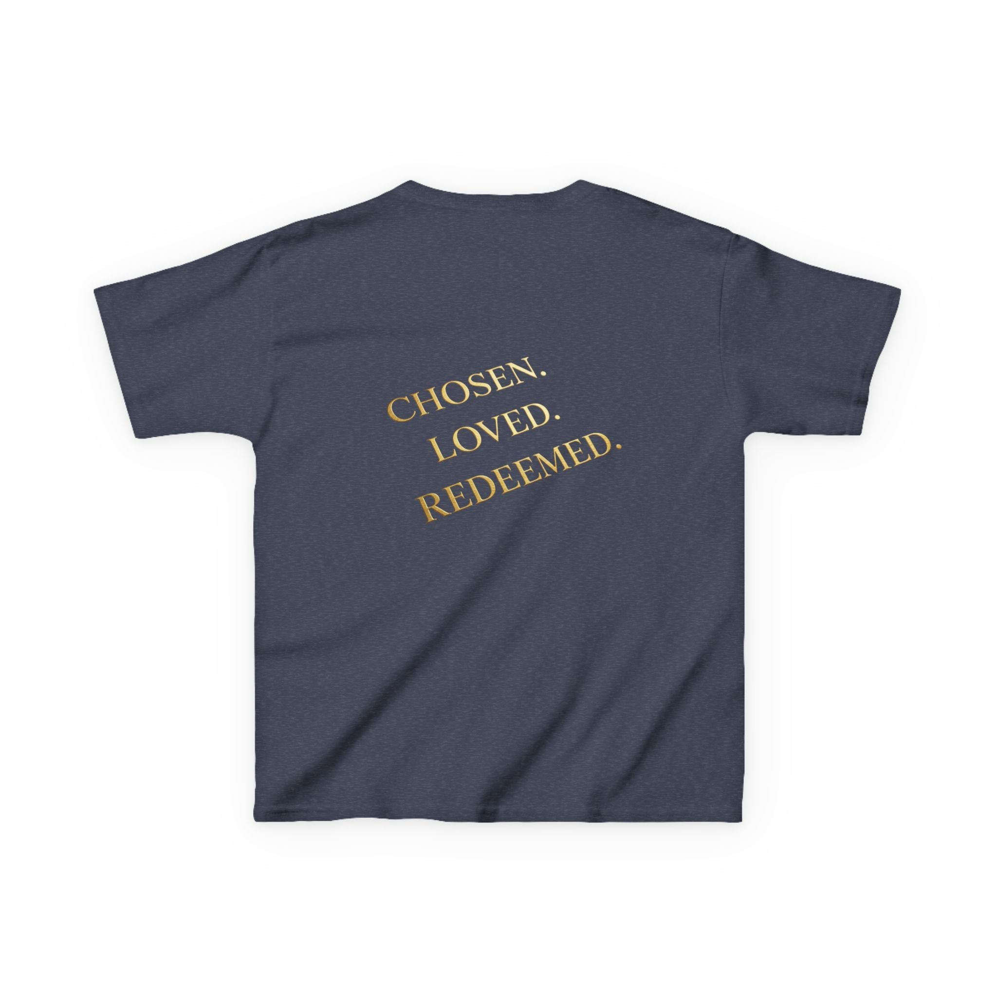 ✨ Chosen. Loved. Redeemed. – Elegant Christian Kids T-Shirt | Gold Foil Faith Tee | Subtle Cross & Heart Design | Inspirational Bible Verse Apparel by Uplifted Gear Printify