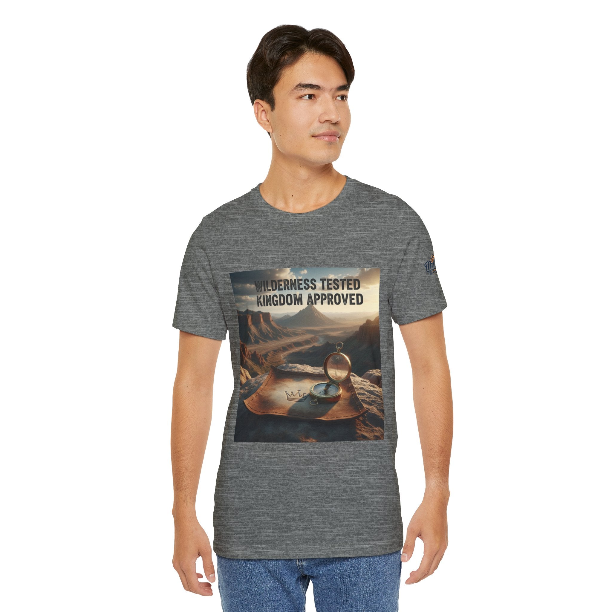 Wilderness Tested Kingdom Approved T-shirt – Mountain Desert Compass Crown Christian T-shirt for Biblical Adventure Faith Printify