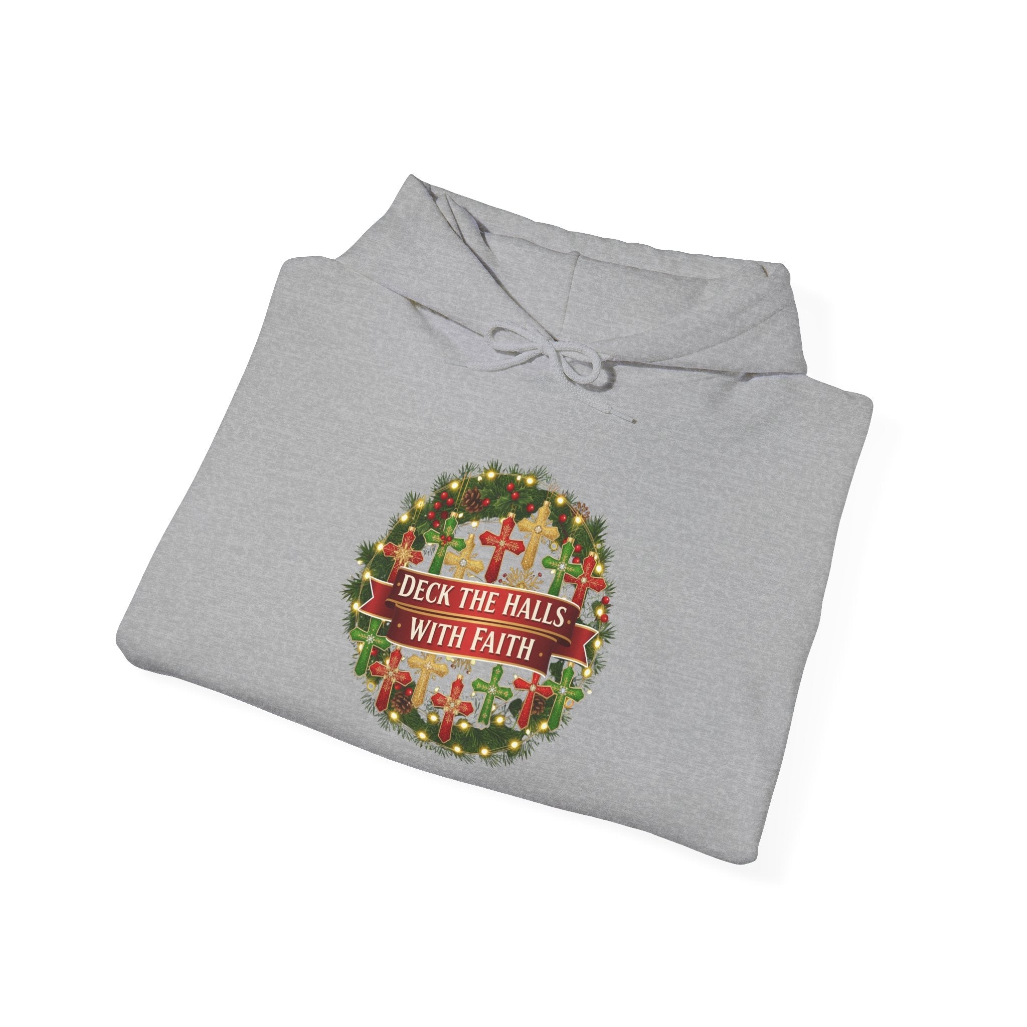 🎄 Deck the Halls with Faith – Christian Christmas Hoodie | Cross Ornament Design & Festive Garland | Bold Holiday Faith Tee by Uplifted Gear Printify