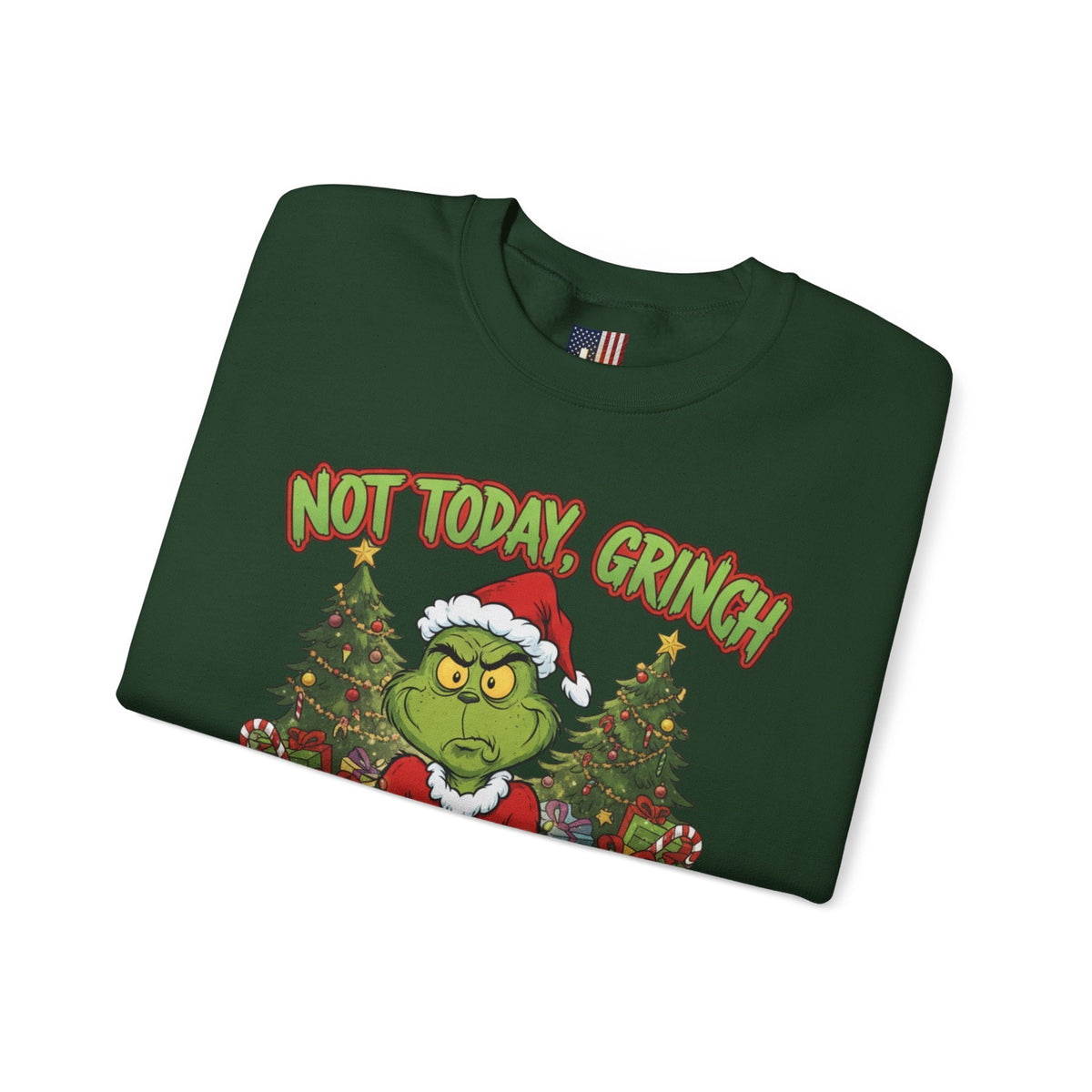 🎄 Not Today, Grinch – Jesus Saves | Funny Christian Christmas Sweatshirt | Sulking Grinch & Glowing Cross | Bold Neon Faith Tee by Uplifted Gear Printify