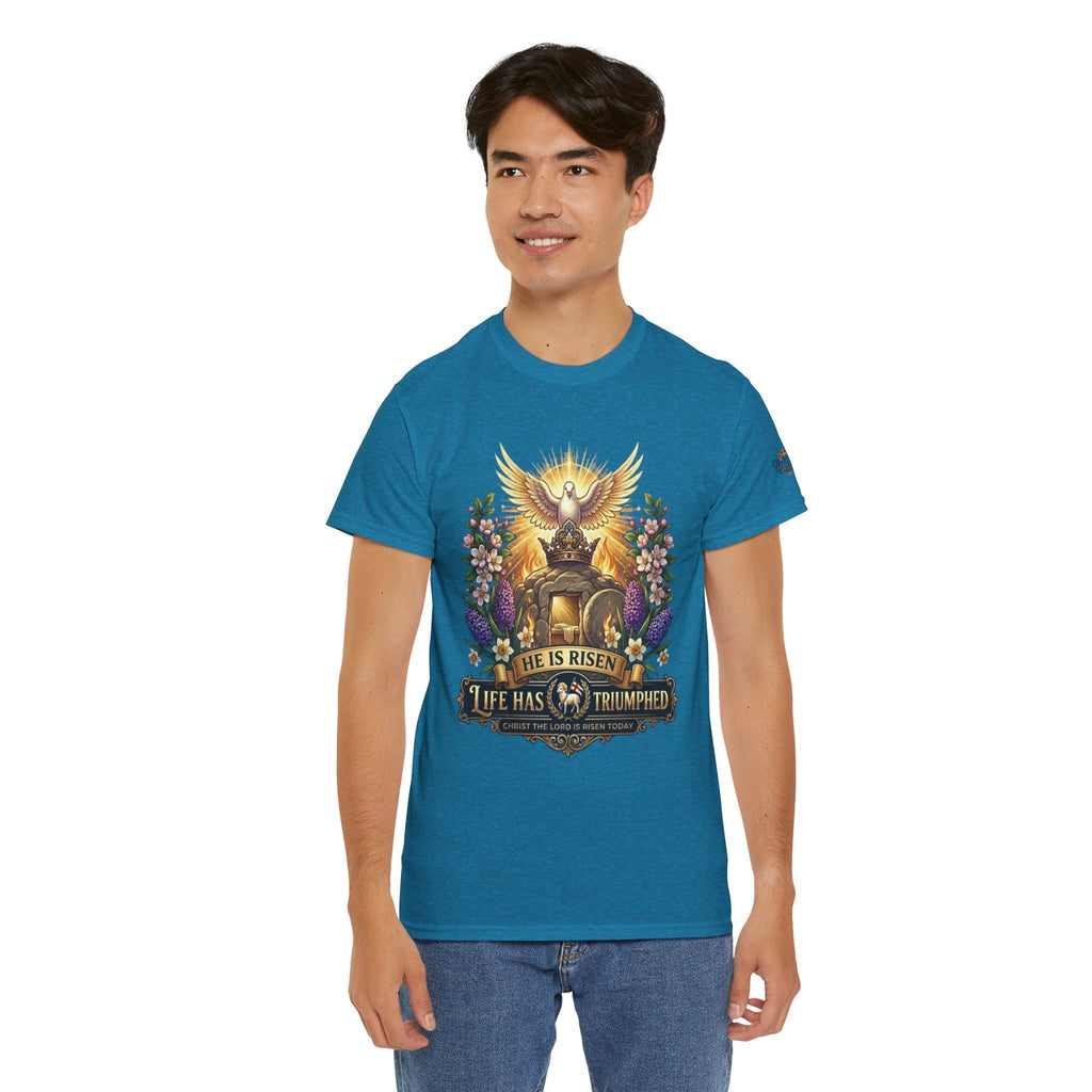 He Is Risen "Life Has Triumphed" T-Shirt — Easter Resurrection Christian Tee Printify