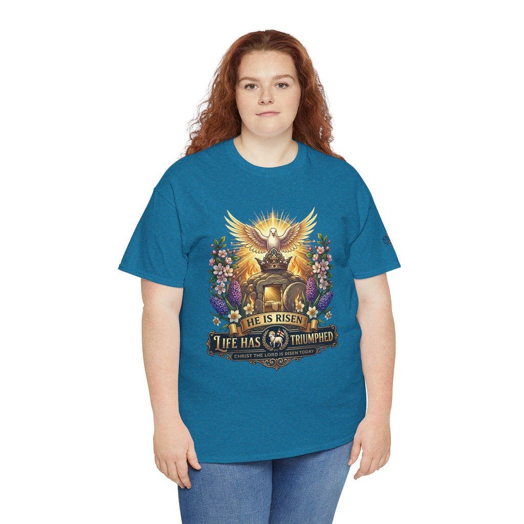 He Is Risen "Life Has Triumphed" T-Shirt — Easter Resurrection Christian Tee Printify