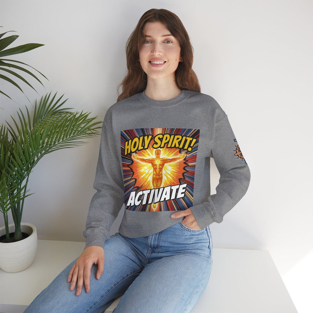 Holy Spirit Activate Sweatshirt – Superhero Christian Sweatshirt with Vibrant Power-Up Design for Faith-Fueled Boldness Printify