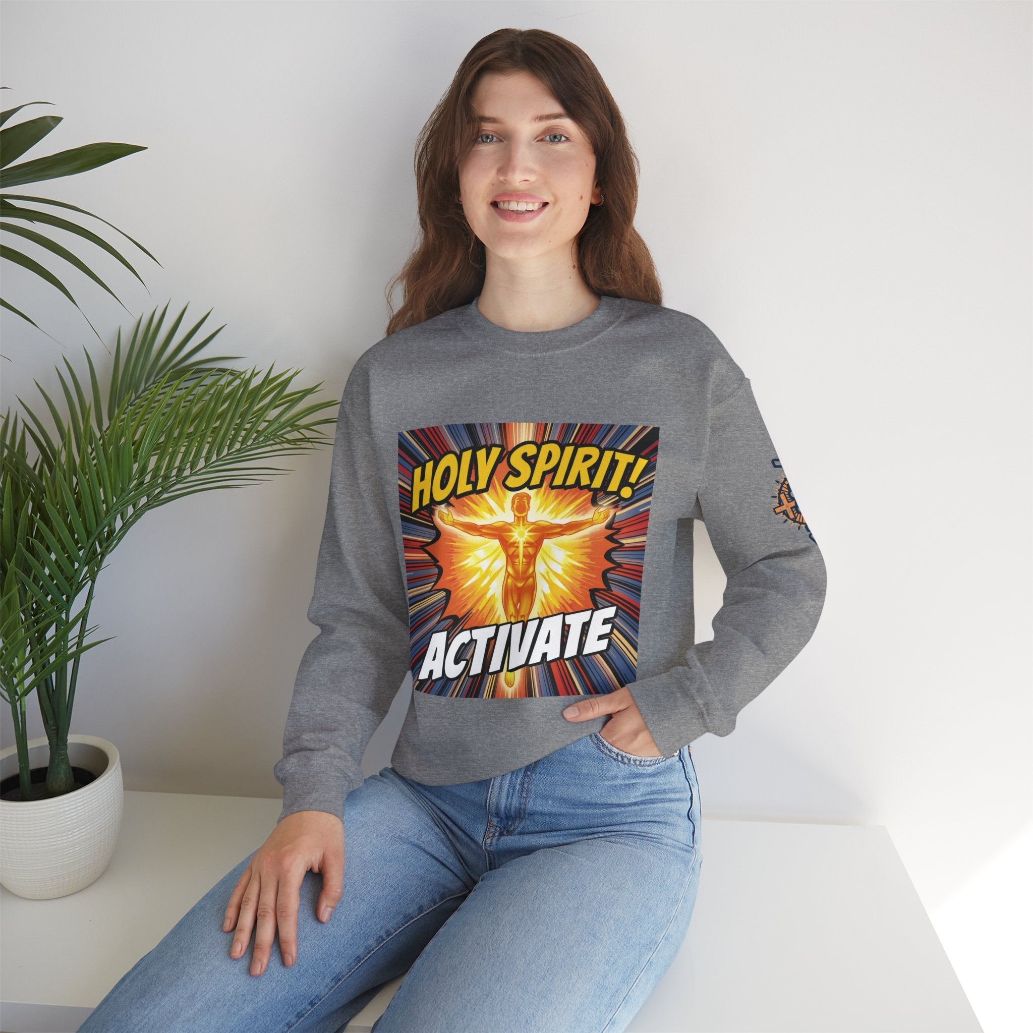 Holy Spirit Activate Sweatshirt – Superhero Christian Sweatshirt with Vibrant Power-Up Design for Faith-Fueled Boldness Printify