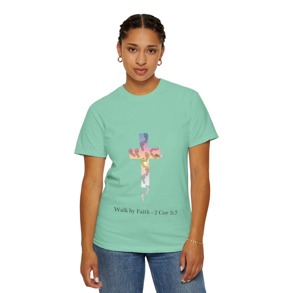 Walk by Faith T-Shirt – Cross & Footprints Christian Tee for Bold Believers Printify