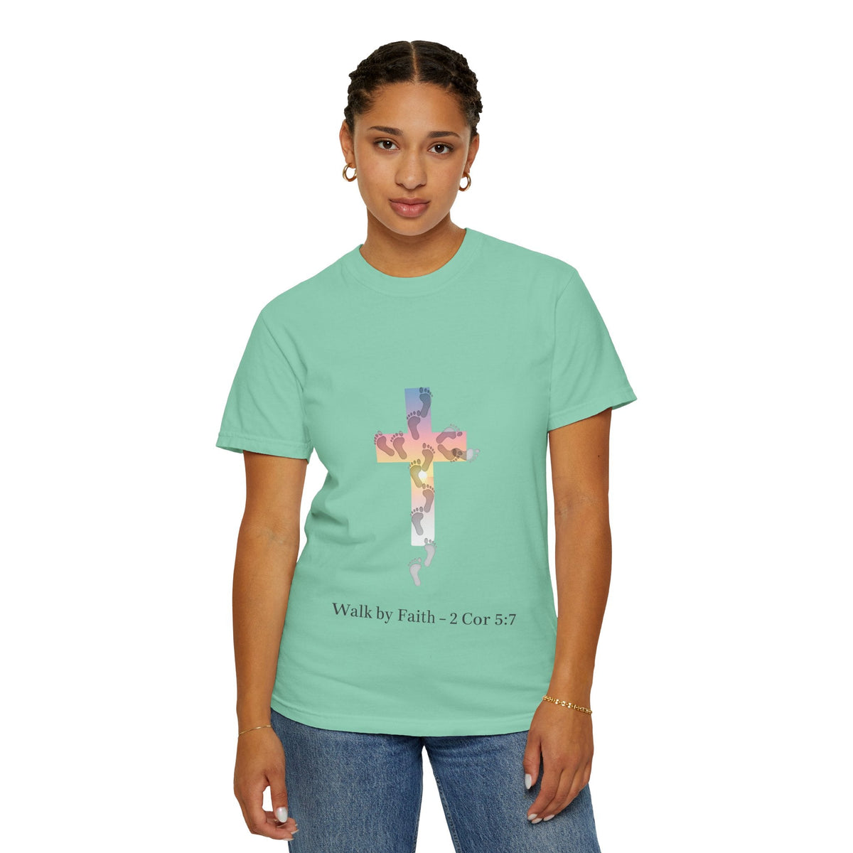 Walk by Faith T-Shirt – Cross & Footprints Christian Tee for Bold Believers Printify