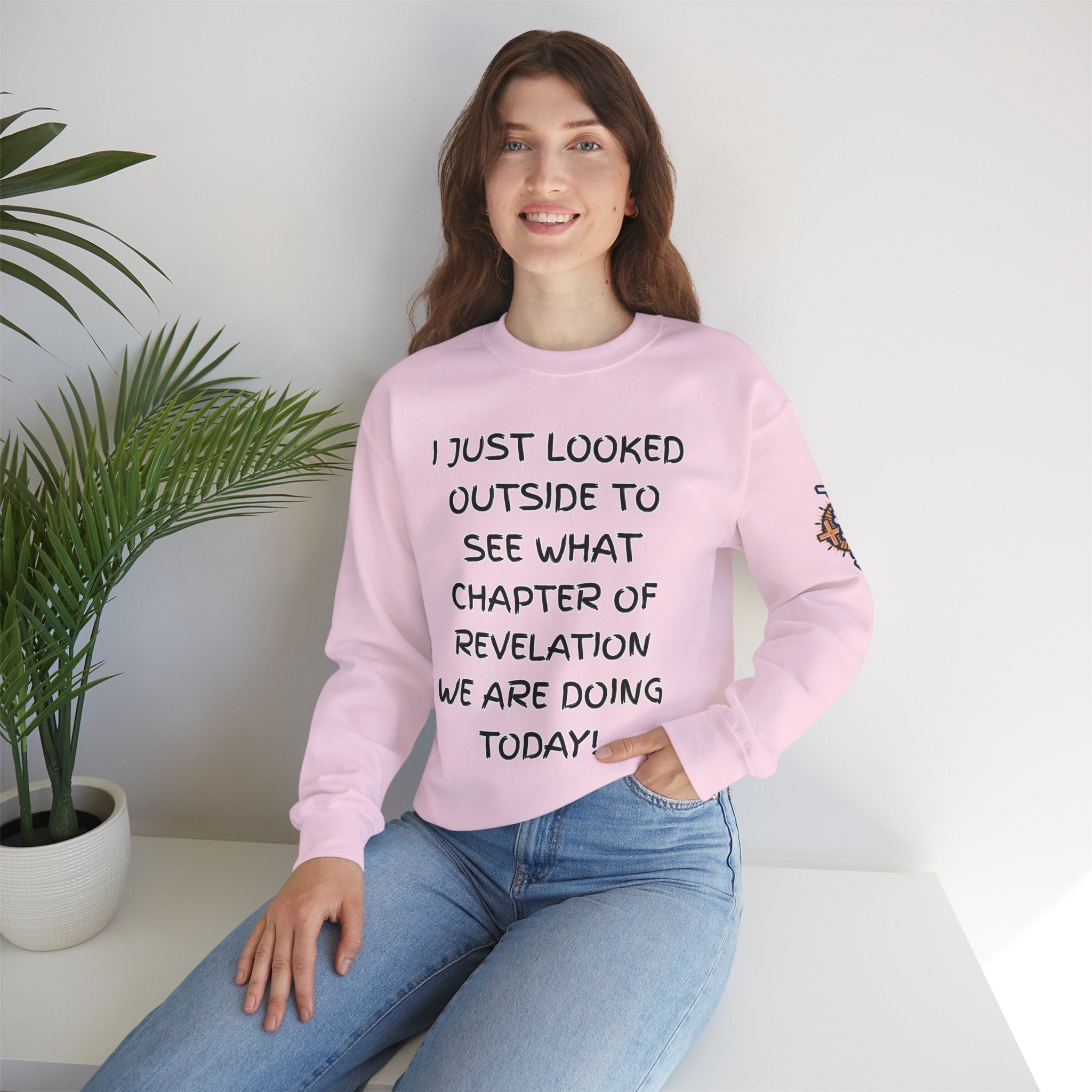 What Chapter of Revelation Sweatshirt – I Looked Outside My Window Christian Sweatshirt for End Times Humor & Faith Printify